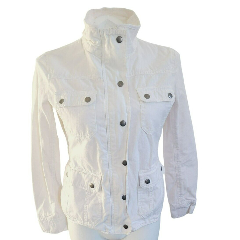 KUT from the Kloth‎ White Denim Utility Field Jacket Small Full Zip Snap Pocket